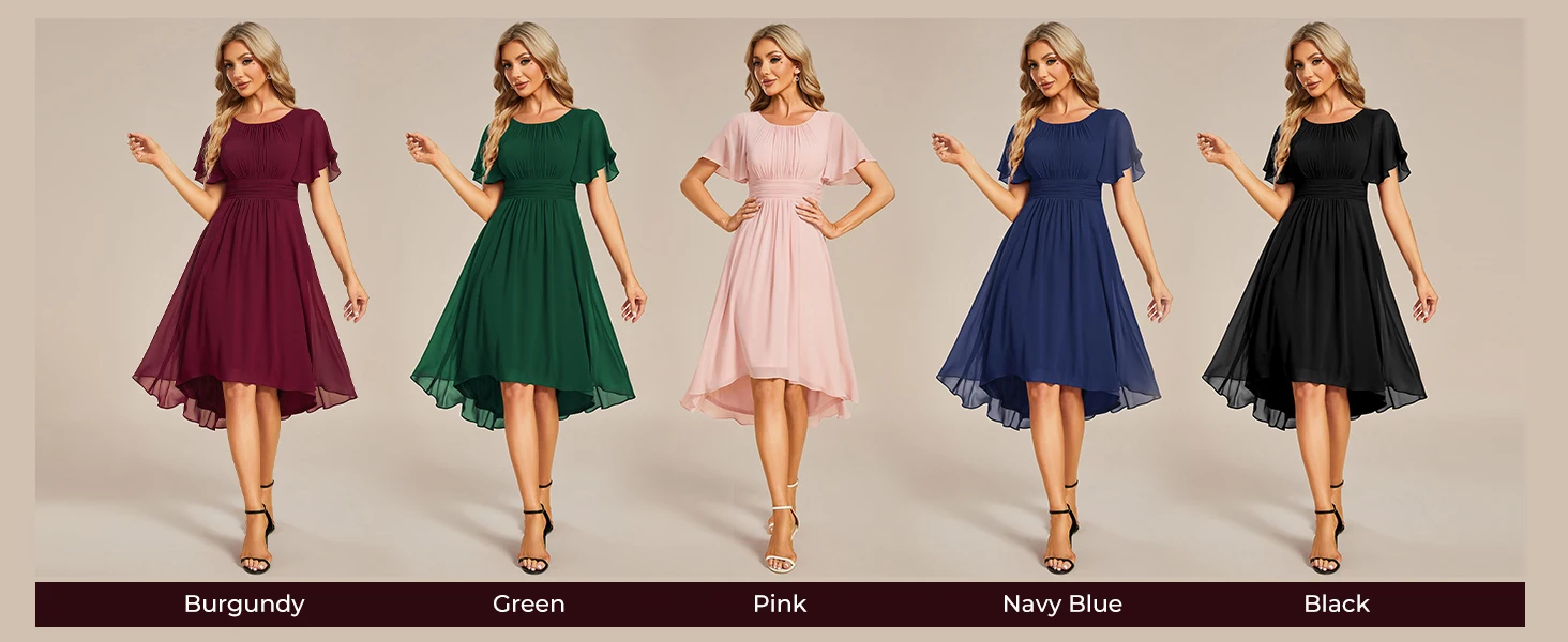 Damen Rundhalsausschnitt A-Linie Chiffon Plissee Kurzarm Abendkleid Ballkleid