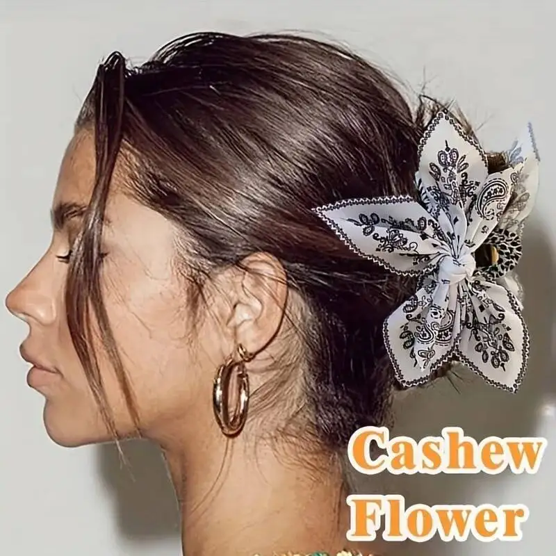 Doppelseitige Baumwoll-Haarspangen mit Cashew-Blumen-Print und Schleife, Modische Paisley-Haarklammer, Haaraccessoires für Frauen und Mädchen – Detail 1