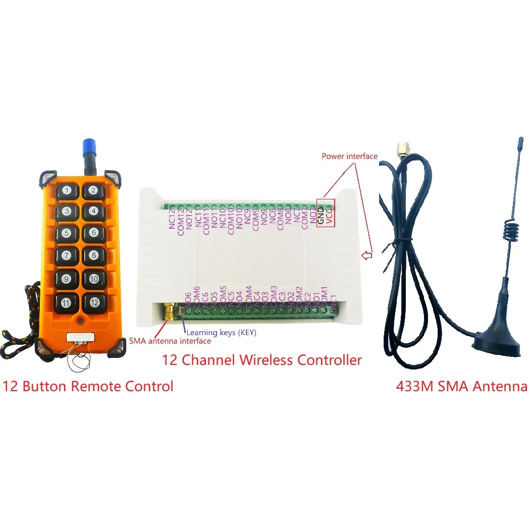 FSK 산업 등급 롤링 코드 리모컨 및 무선 컨트롤러 릴레이 키트, DC 12V 24V, 12ch -121dBm, 12 키 433M + 20dBm
