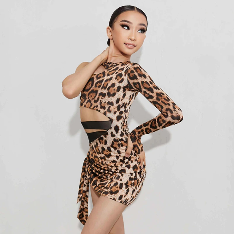 Girls Leopard Latin Dance Dress One-Sleeves Performance