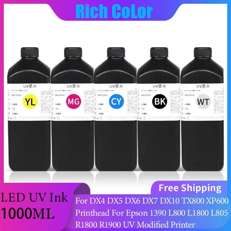 

1000ML LED UV Ink For DX4 DX5 DX6 DX7 DX10 TX800 XP600 Printhead For Epson 1390 L800 L1800 L805 R1800 R1900 UV Modified Printer