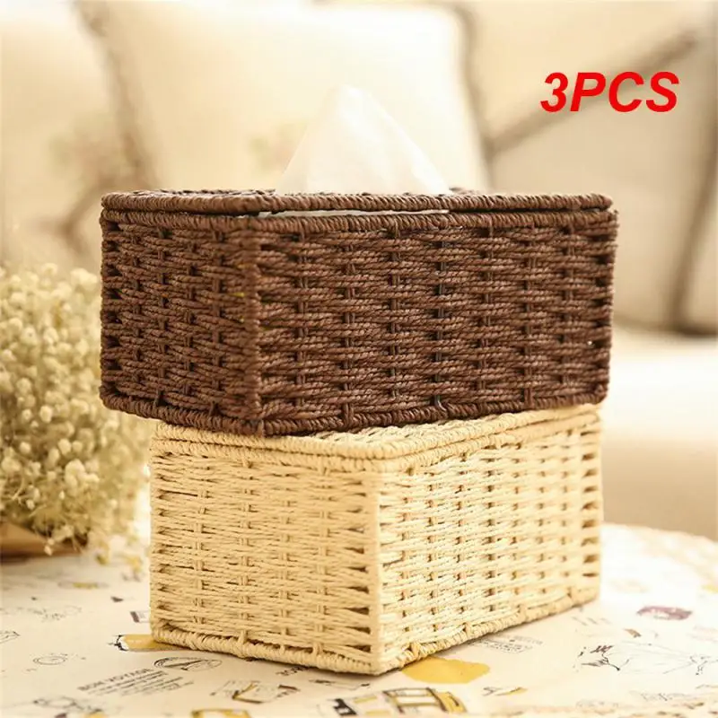 

3PCS Rattan Tissue Box Vintage Napkin Holder Case Clutter Storage Container Cover Living Room Desk Decoration