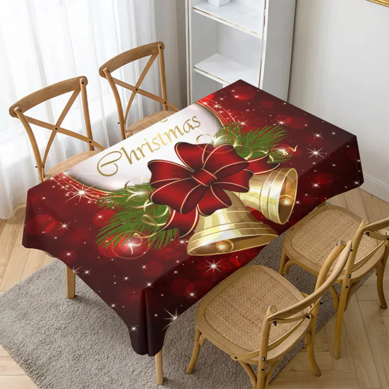 

Christmas Bell Snowman Rectangle Tablecloth Kitchen Dining Table Decor Reusable Waterproof Tablecloths Holiday Party Decorations