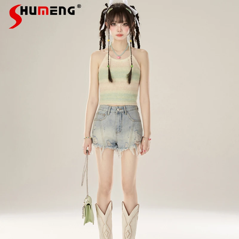 

Fashion Denim Shorts Women's Clothes Summer Spring 2024 New Distressed Burrs Tassels Slimming Jeans Booty Short Pants Hot Girls