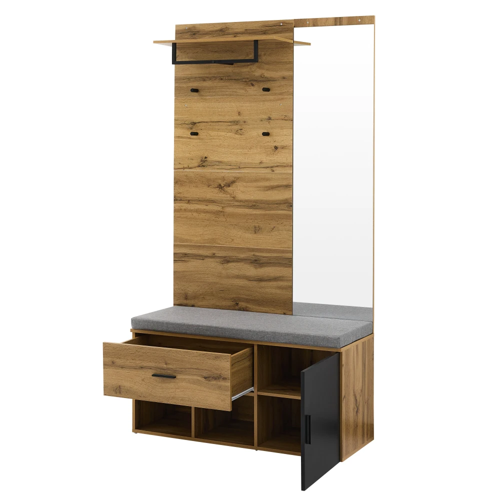 190 cm Hoher Holzkleiderschrank-Set mit Spiegel, Schuhbank (104 x 39 cm) mit Polsterung, Schuhschrank, Schublade, Regal, Kleiderhaken – Detail 14