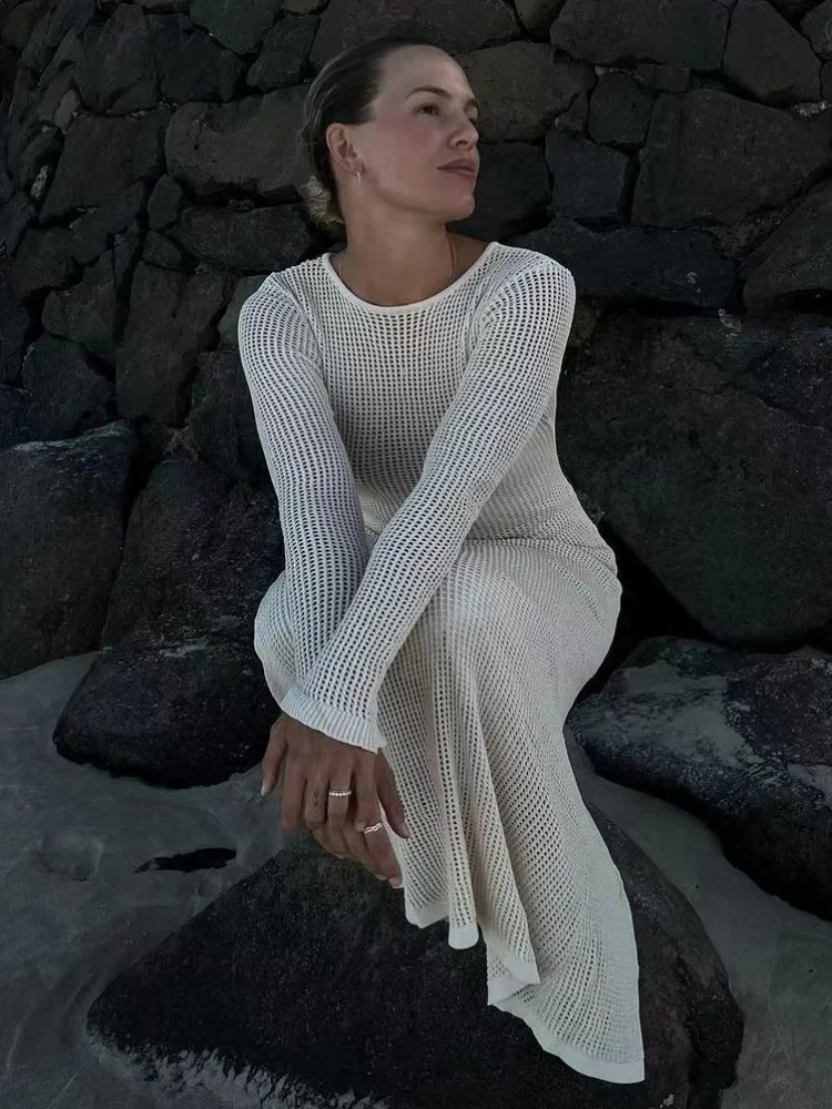 Summer Knitted Maxi Dress for Women Hollow Out See Through