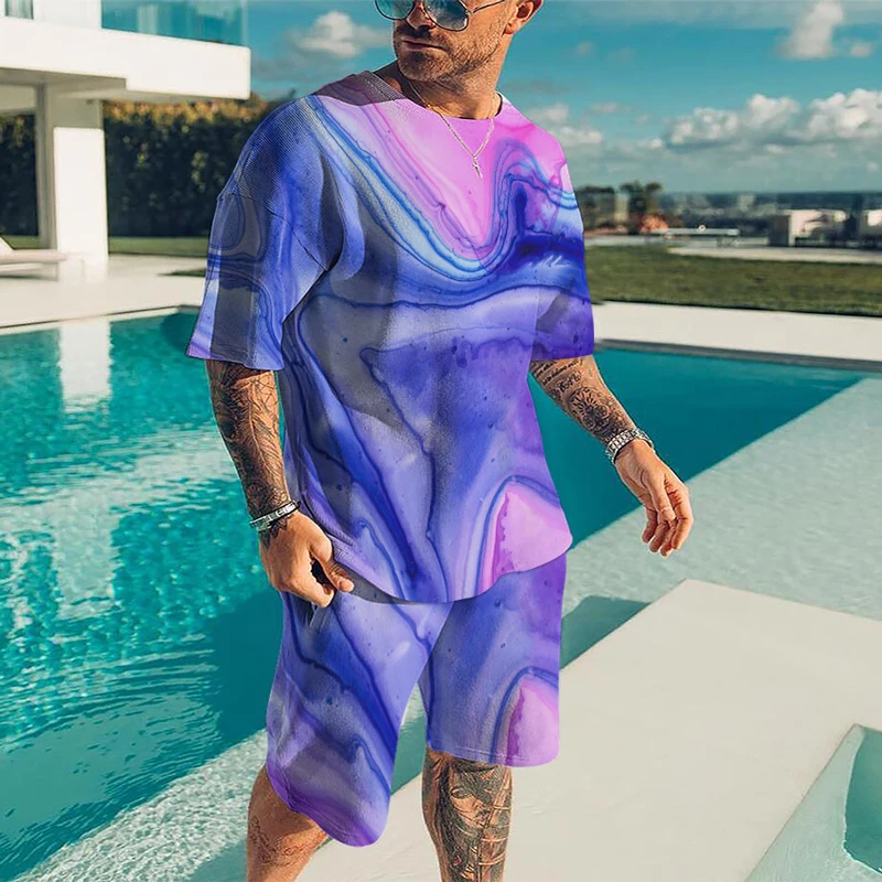 Summer Men's Short Sleeve Two Piece 3D Printed Harajuku T-Shirt Men's T-Shirt Shorts Set O-Neck Sportswear Streetwear