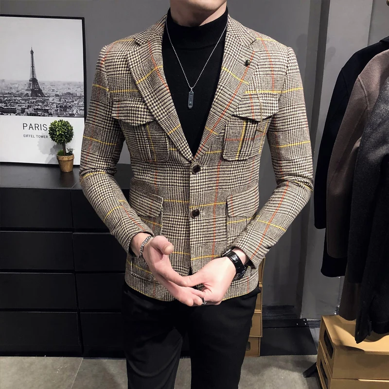 Men Blazers Spring Men Plaid Blazers British Printed Wedding Business Casual Blazer Suit Jacket Male Formal Blazers Plus Size S-3XL