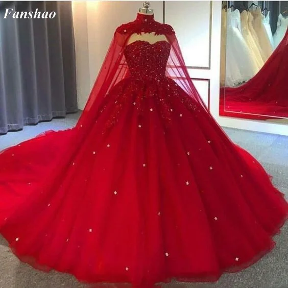 Fanshao wd730 Sweetheart Quinceanera Dress With Cape For 15 Years Fashion Lace Beads Court Train Princess Birthday Party Gown quinceanera dresses