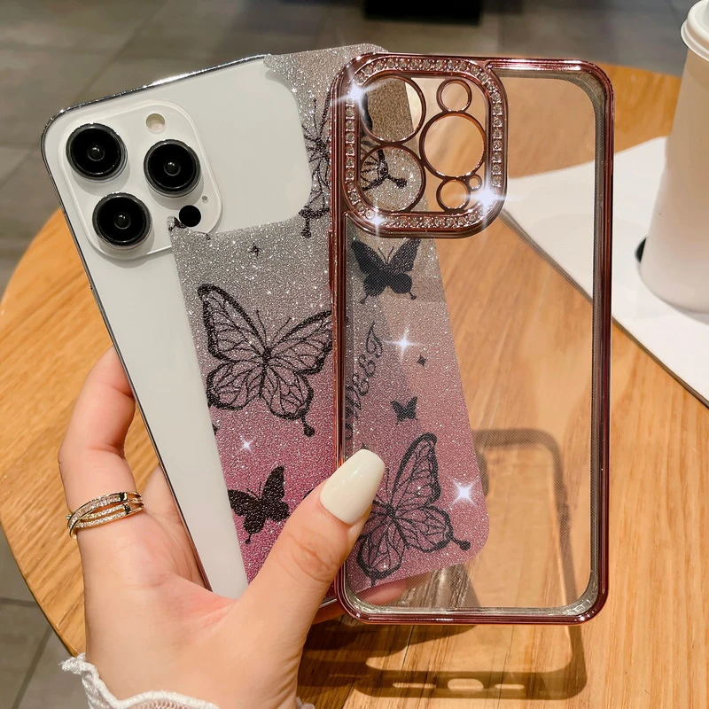 Glitter Butterfly Diamond Camera Protector Case For iPhone 11 12 13 14 Pro Max Plating Transparent Soft Silicon_voghion.com