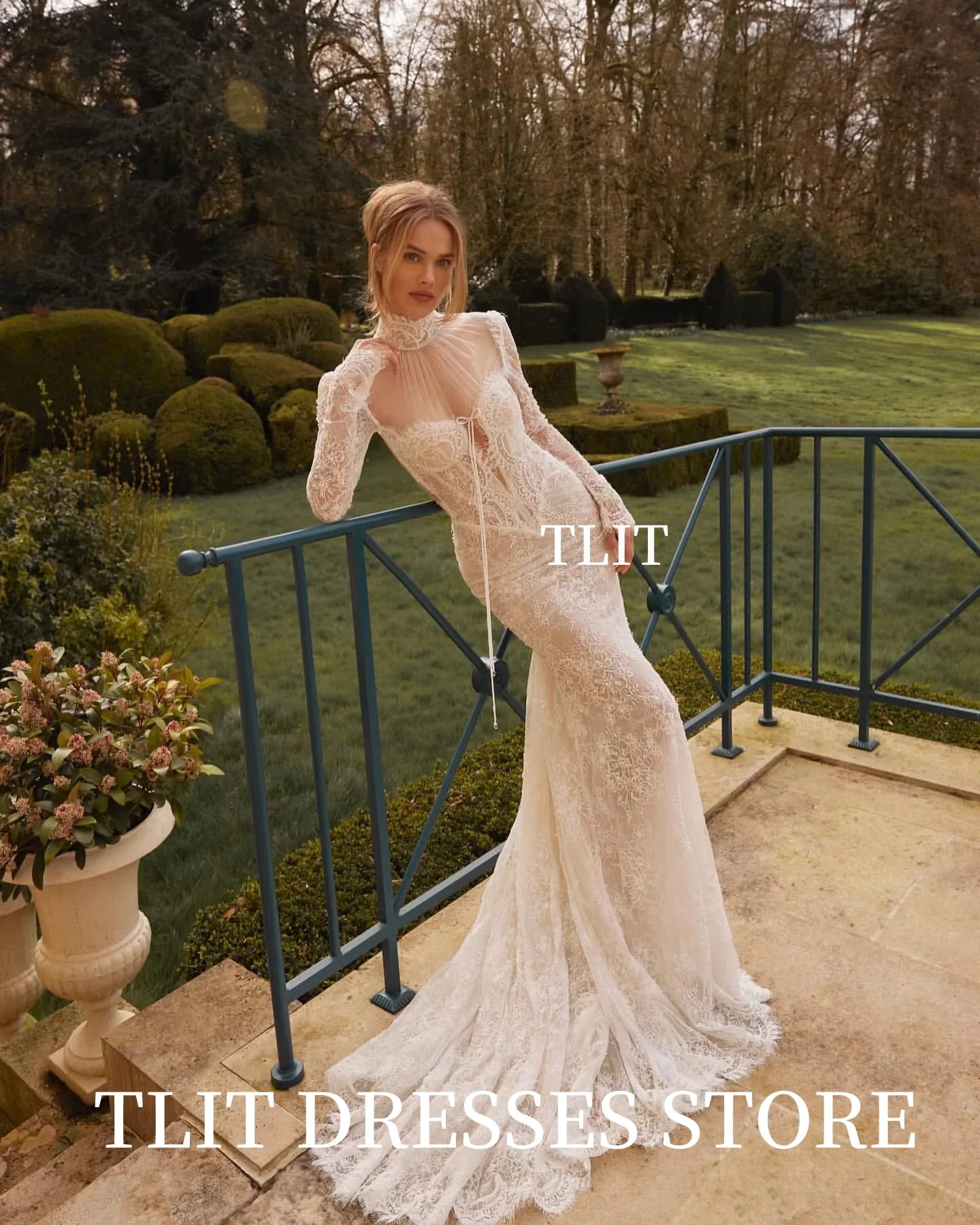 TLIT Luxurious Lace Mermaid Wedding Dresses Customized Long O-Neck فساتين زفاف Long Lace Sleeve Backless Bridal Gowns