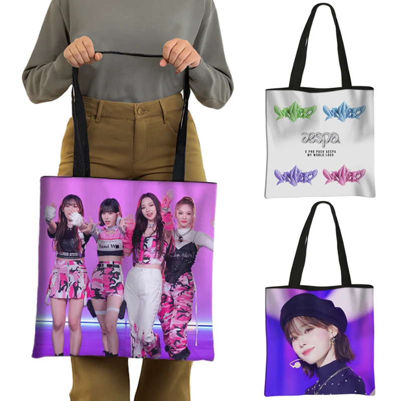 

Kpop Aespa Tote Bags Aublum My World Women Handbag Spicy Shoulder Bag Winter/Karina/Giselle/Ningning Large Capacity Storage Bags