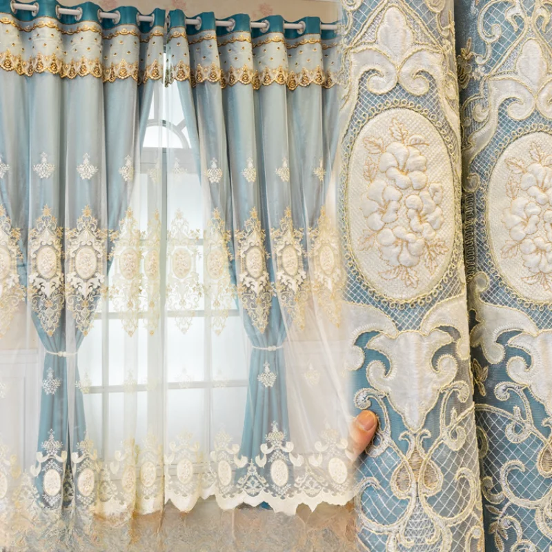 

European Embroidery Double-layer Luxury Curtains for Living Room Bedroom Blackout Cloth Tulle Integrated Lace Custom Simple