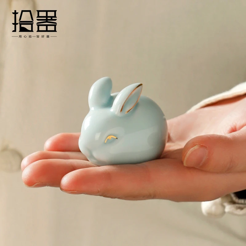 Ru Kiln open piece Jade Rabbit cute rabbit tea pet decoration piece boutique can raise ceramic tea play pen holder, tea pet ornaments