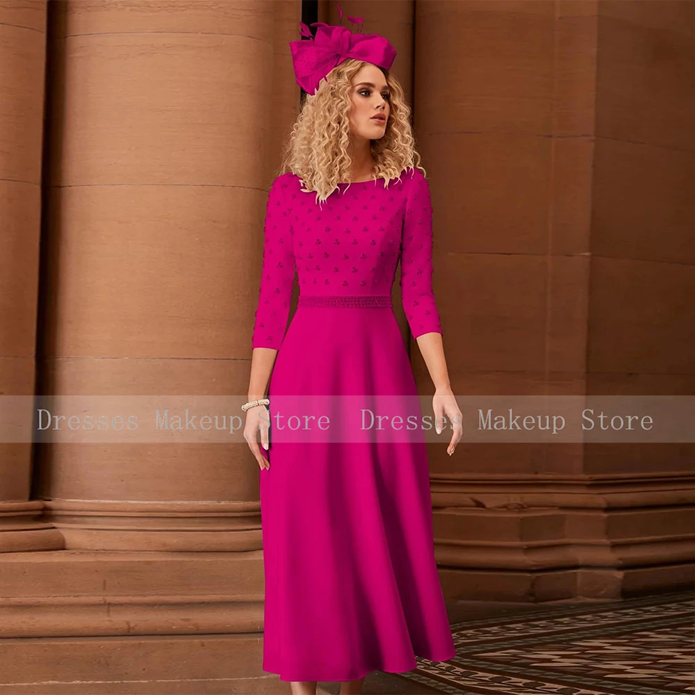 Lilac Mother of the Bride Dress Scoop A Line Midi Wedding Guest Gown 3/4 Sleeves Beaded Belt