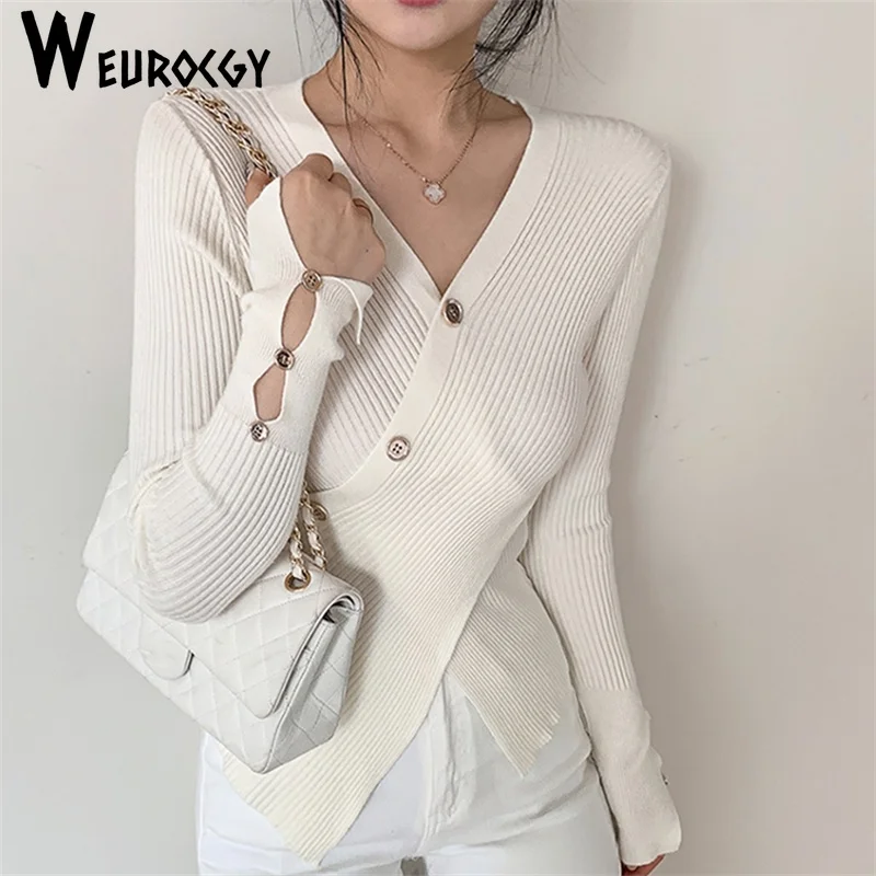 

2023 Autumn Korean Edition Temperament Cross V-neck Design Beveled Single-Breasted Slim fit Long sleeve Knitted Bottoming Shirt