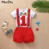 MiniFox Baby Boys Birthday Outfit For One Years Number"1“ Bodysuit and Y-back Suspender Shorts 1 Year Birthday Cake Smash Sets 3
