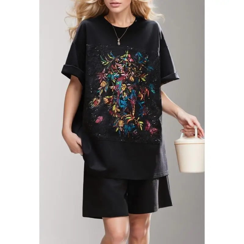 

Dimanaf Summer 2024 Plus Size Women Lace Cotton T-Shirt Tops Vintage Chinese Style Print Loose Basic Tees Clothing
