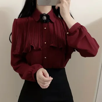 한국 시크한 상의 블라우스, 일본 스타일, 우아한 핫, 귀여운 프레피 걸스, 작업 단추 화이트 셔츠, 레트로 패션, Flhjlwoc