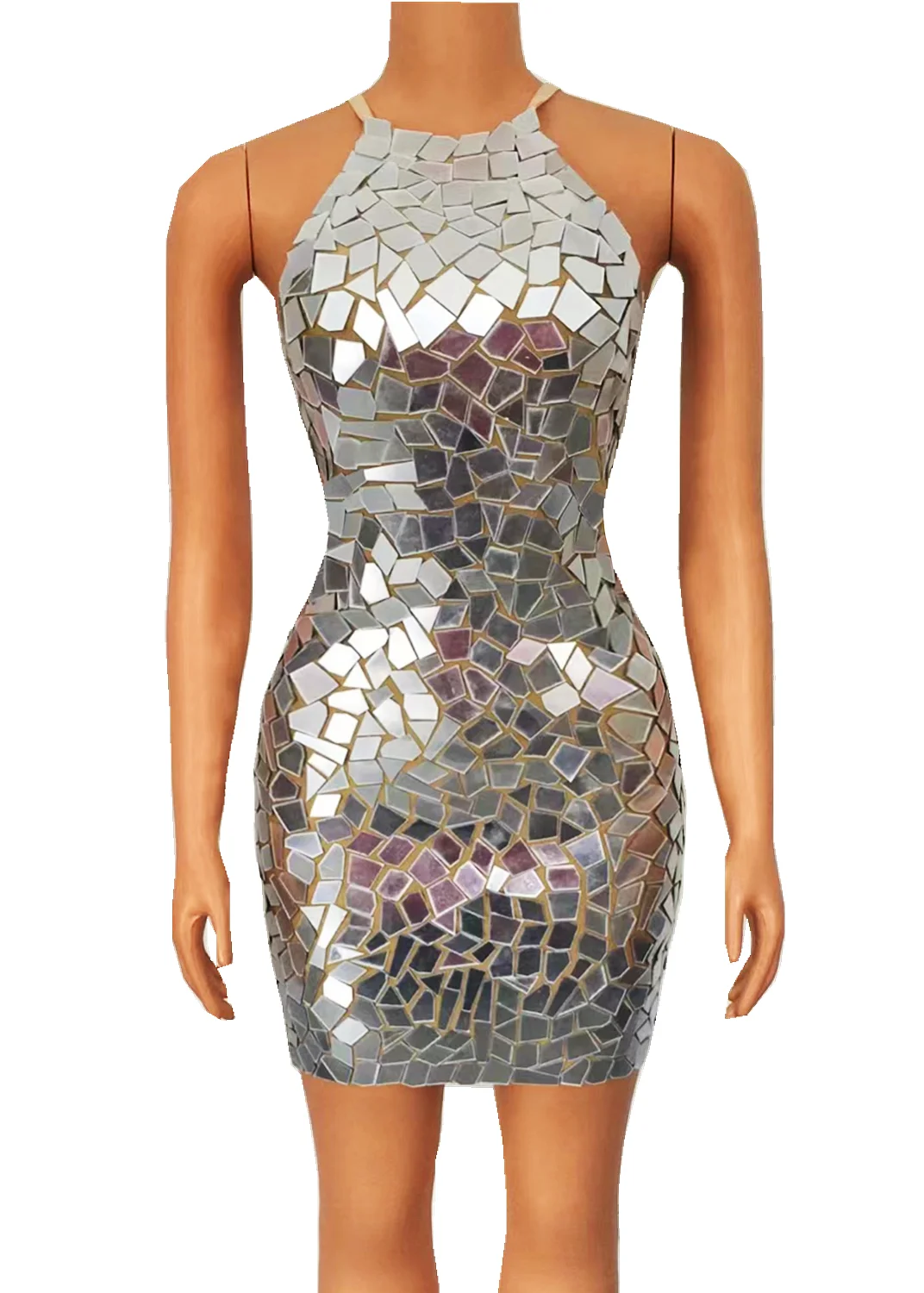 

Sparkly Silver Mirrors Sleeveless Dress Evening Birthday Celebrate Outfit Party Sexy Costume Dancer Performance Show Clothes