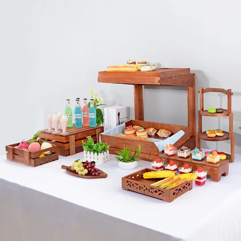 Wooden buffet, buffet, tea break, table setting, dessert table, display rack, cake, Dim sum, tray, bread, sushi rack