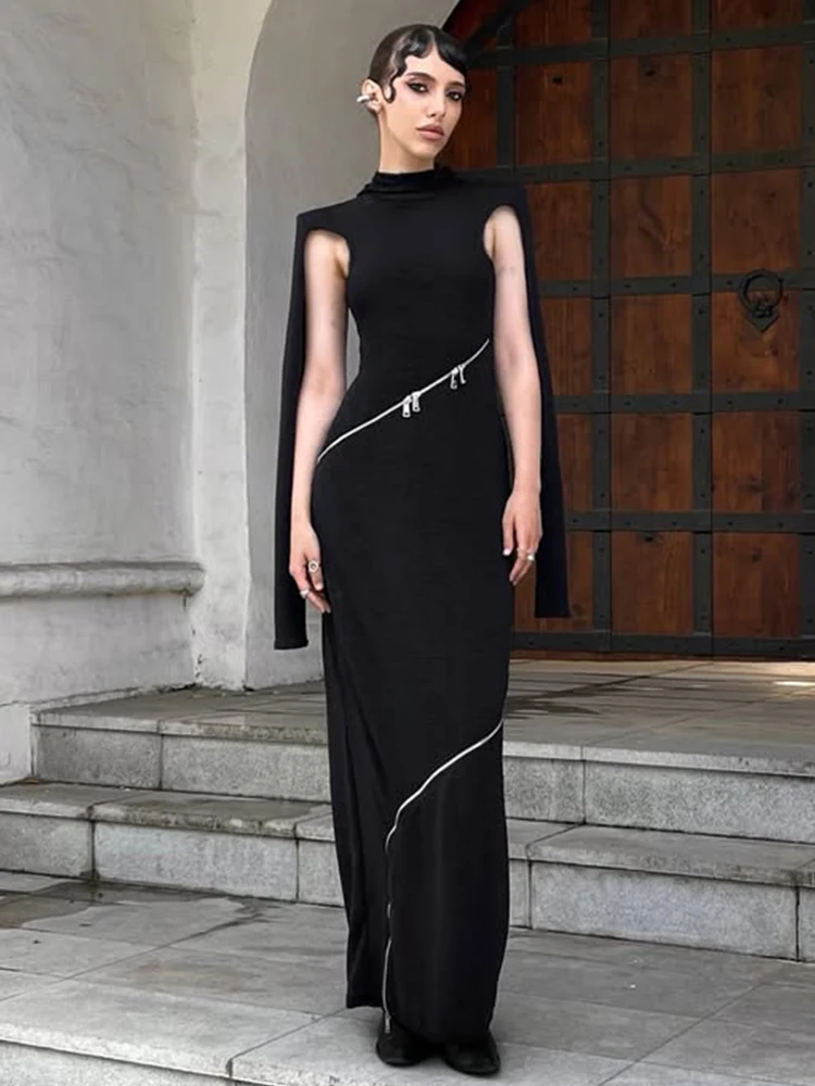 Nibber Asymmetrical Zip Sexy Irregular Hollow Dress Women New Style Trend Fashion Elegant Stretch Skinny Street Maxi Bodycon