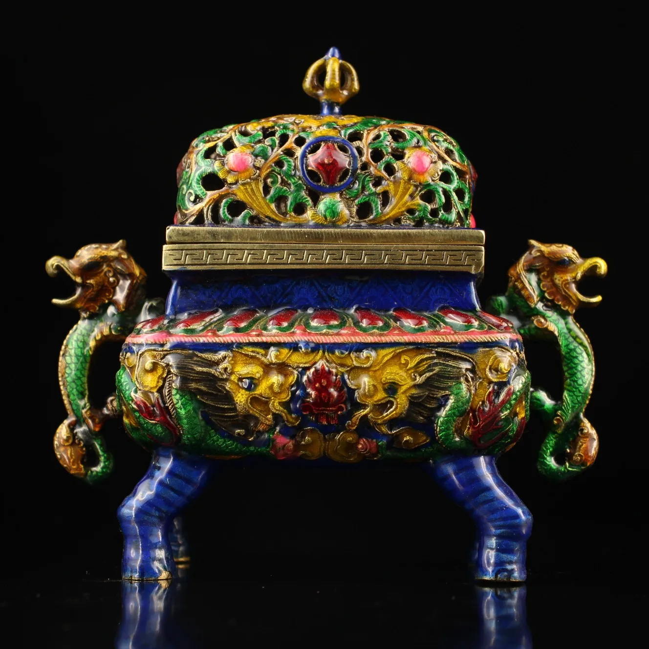 Treasure Old Collection Rame Corpo Cloisonne Doppio Drago Bruciatore Di Incenso Ornamento Decorativo