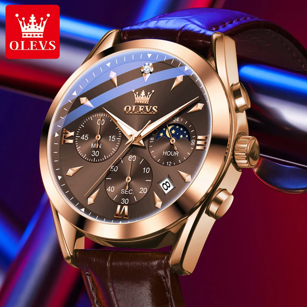 OLEVS Brand Luxury Chronograph Quartz Watch for Men Leather Waterproof Luminous Calendar Sport Mens Watches Relogio Masculino