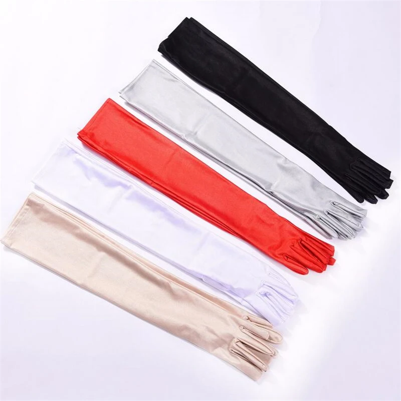 Long Satin Gloves Fashion Opera Evening Party Prom Costume Glove Black White Pink Gray Beige Red