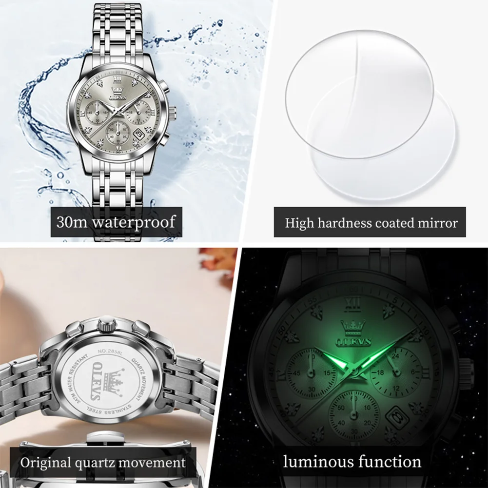 OLEVS 2858 Quartz Watch Woman Chronograph Calendar Waterproof Watch For Women Luminous Fashion Diamond Scale Ladies Wristwatch