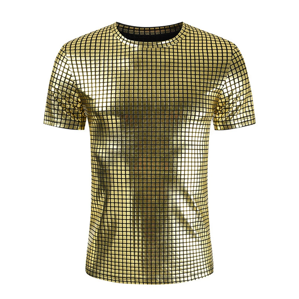 

Fashion Men's 70s Disco Costume Sequin Shirt Short Sleeve T-Shirts O Neck Solid Color Party Club Top T Shirt Man Clothing