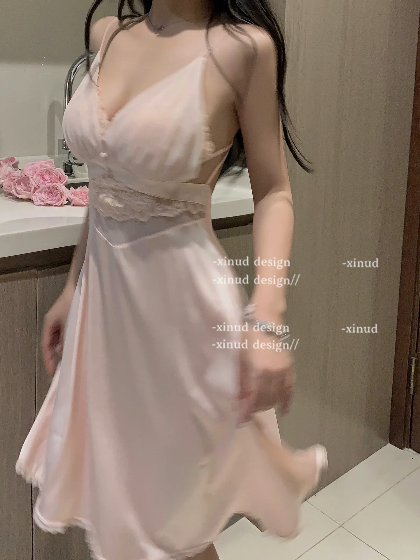 

High Quality Gentle Women Open Waist V-Neck Sexy Summer Strap Tank Mini Dress Elegant Pink Lace Mesh Hot Sexy Korean Women D8BW