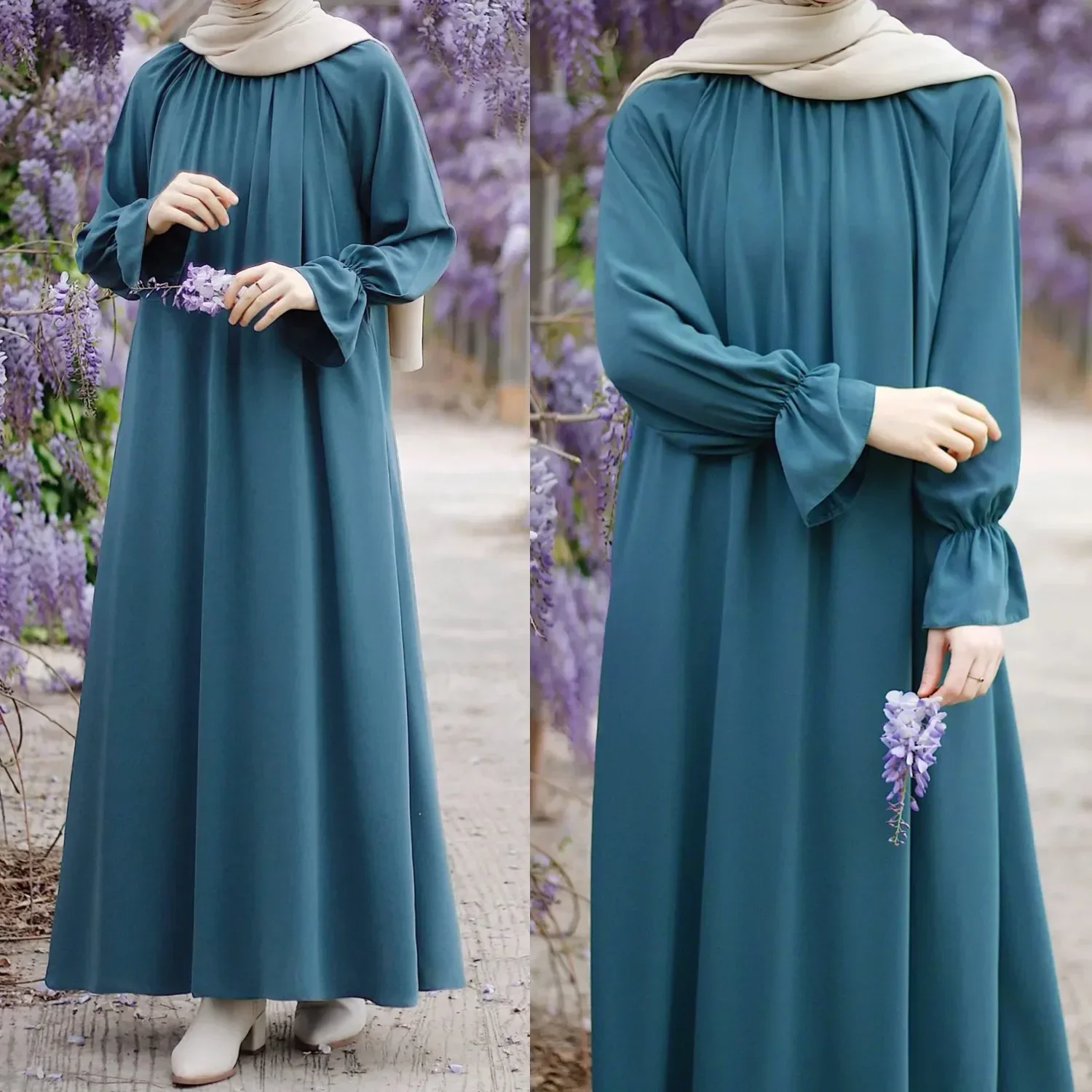 Plain Abaya Modest Dresses Muslim Trumpet Sleeve Pocket Long Casual Hijab Dress Turkey Abayas for Women Dubai Islam Kaftan Robe