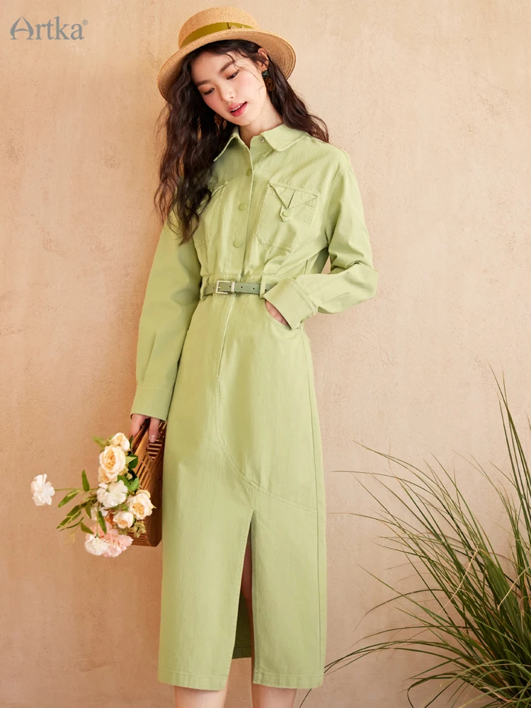 

ARTKA 2023 Spring New Women Dress Fashion Green Casual Shirt Dresses Long Sleeve Side Split Long Dress With Belt LA92139C