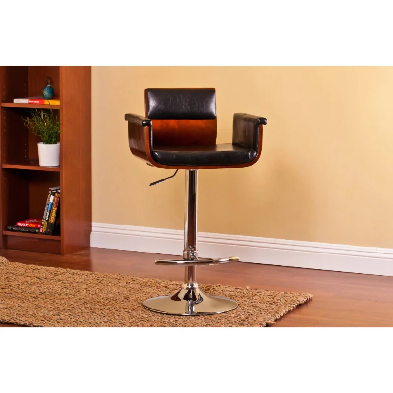 

Modern Padded Wood Adjustable Height Swivel Bar Stool Chair with Cushioned Seat, Armrests and Back, 24"-33", Black/W