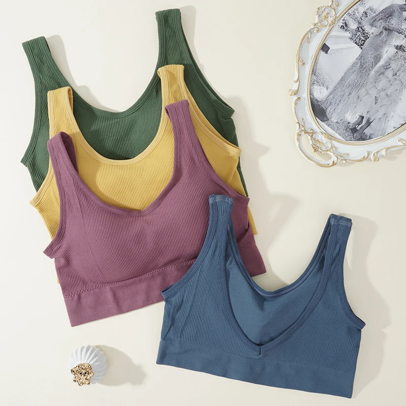 Description Picture 4 of itemSeamless Crop Top Women Underwear Wire-Free U Shaped Camisole Wide Straps Tank Striped Solid Color Bralette Sports Tube Tops
