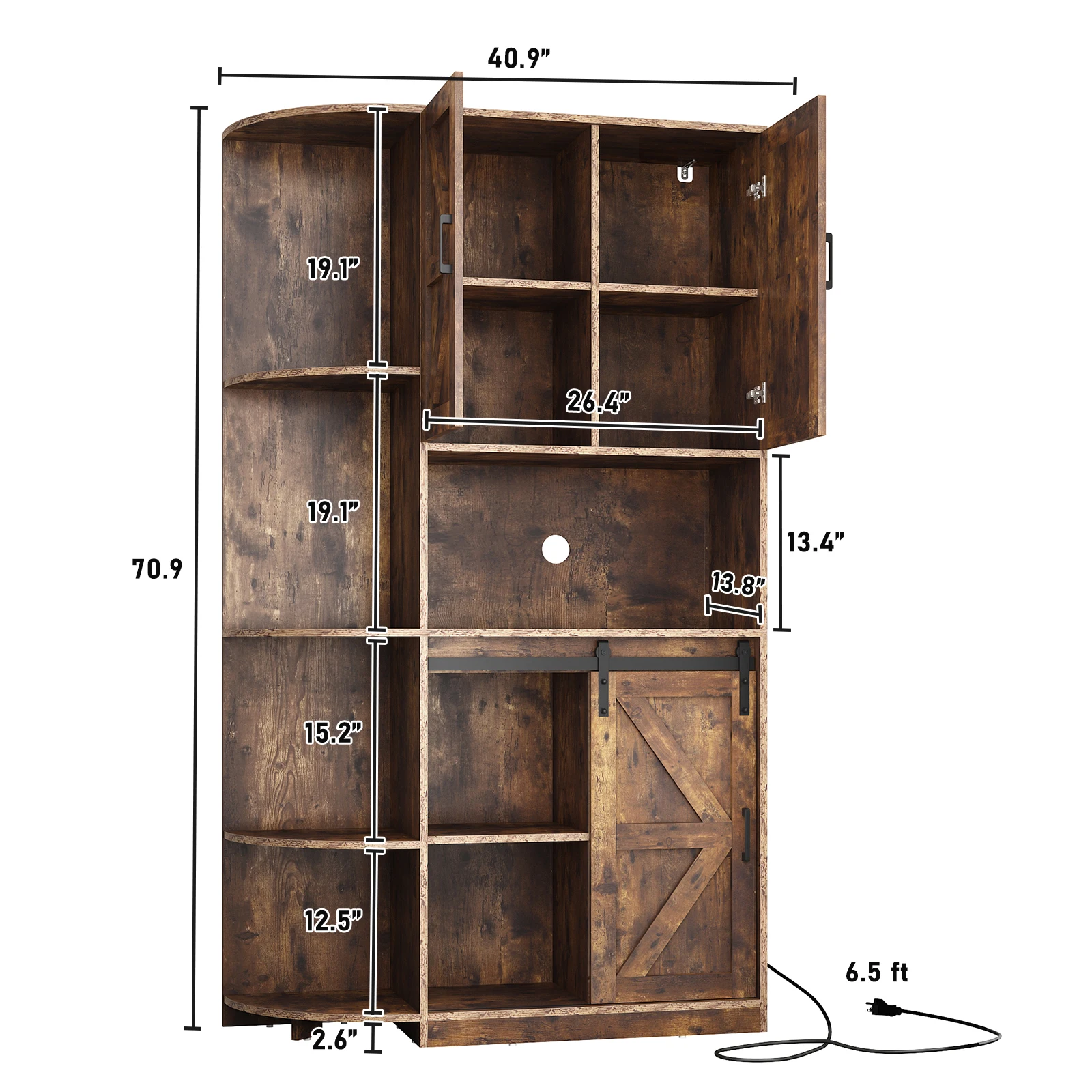 71" Farmhouse Kitchen Pantry Storage Cabinet, Freestanding Hutch Cabinet w/Barn Doors & Shelves, Buffet Sideboard, Brown/White