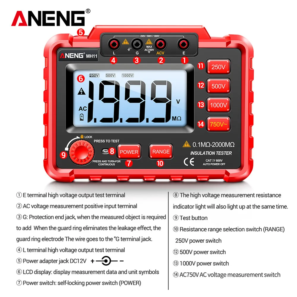 

ANENG MH11 Digital Megohmmeter Meter 250/500/1000V Insulation Earth Resistance Meters Tester cable Voltmeter Megger Meter