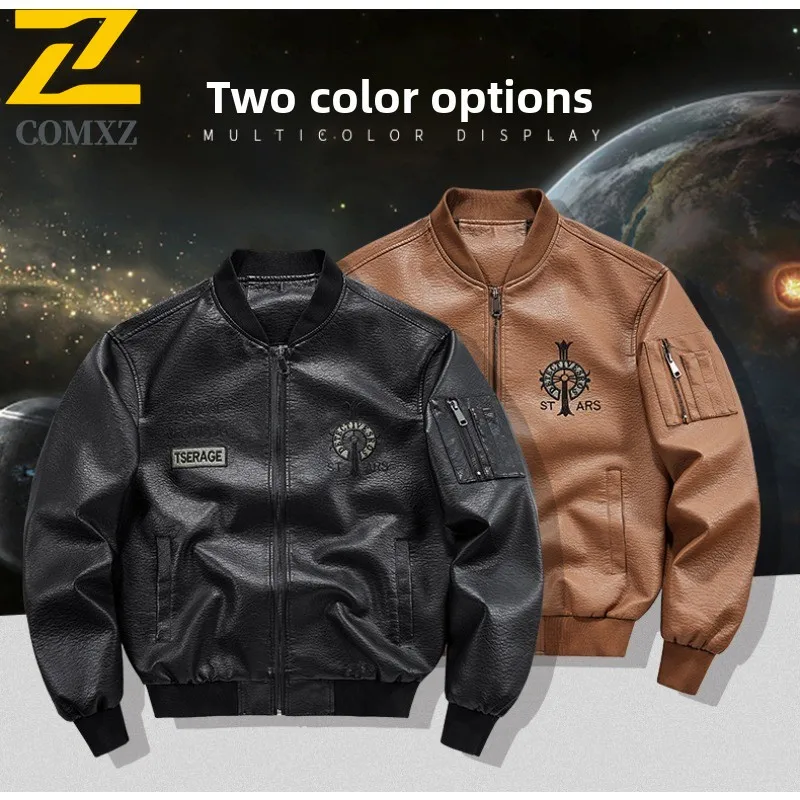 COMXZ Men Bomber Stand Collar Jacket Spring Autumn Retro Leather Loose Fit Korean Style Workwear Waterproof Motorcycle Outerwear