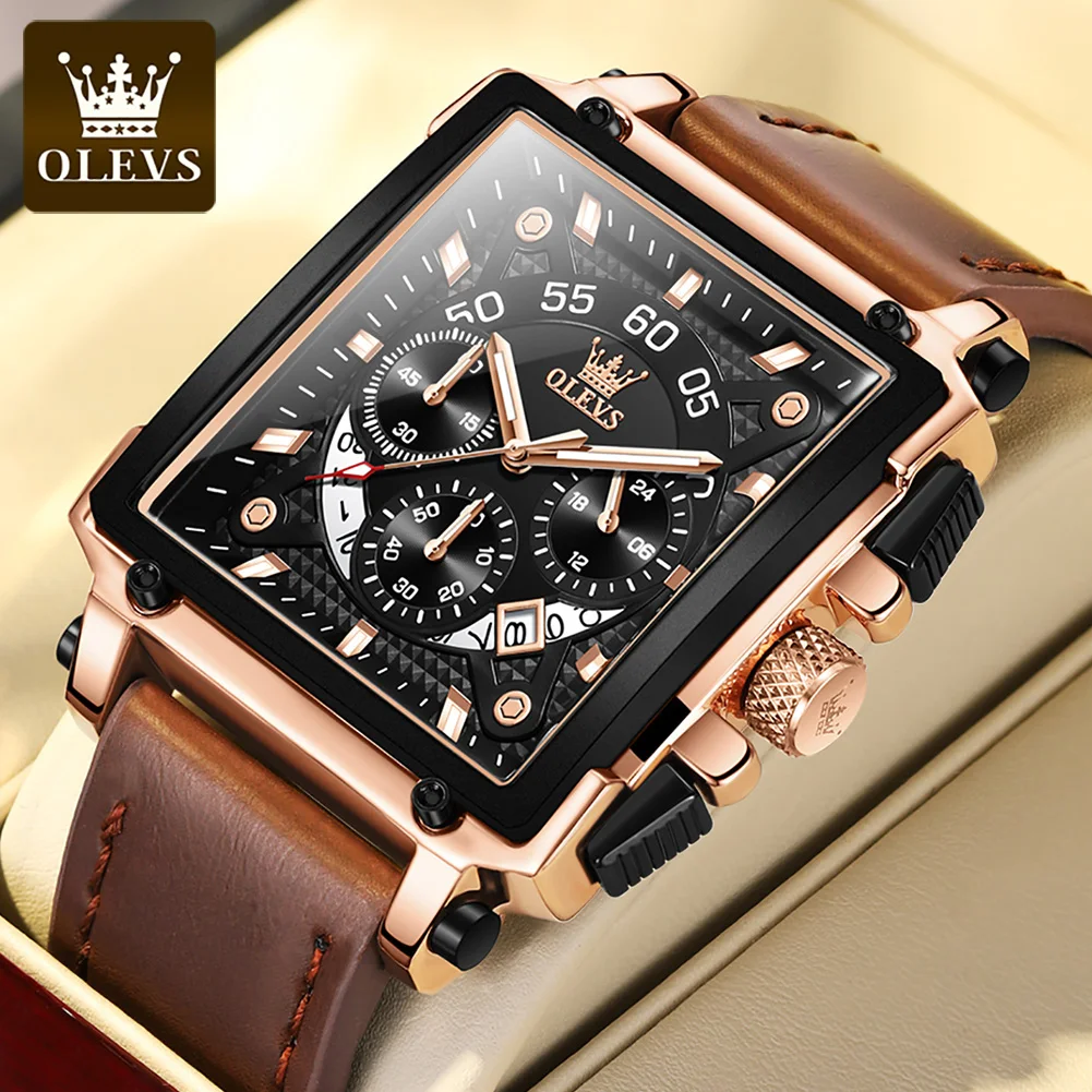

OLEVS 9919 Top Brand New Hot Wristwatches Square Quartz Watch For Men Waterproof Leather Strap Sport Clock Relogio Masculino