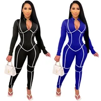 Autumn Sexy Party Striped Long Sleeve Zipper Jumpsuit Women Active Bodycon Moto Biker Sportwear Romper One Piece Overalls