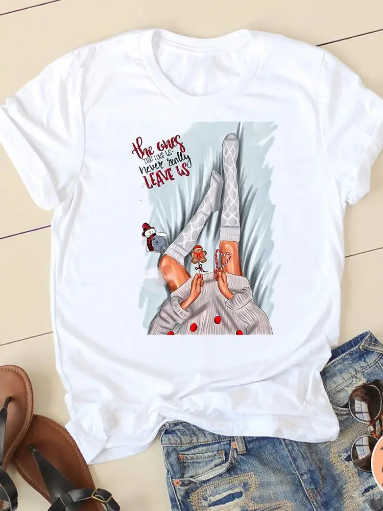 

Watercolor Lovely Style Trend Women Clothes Print O-neck New Year Graphic T-shirt Christmas Fashion Lady Casual Female Shirt Tee