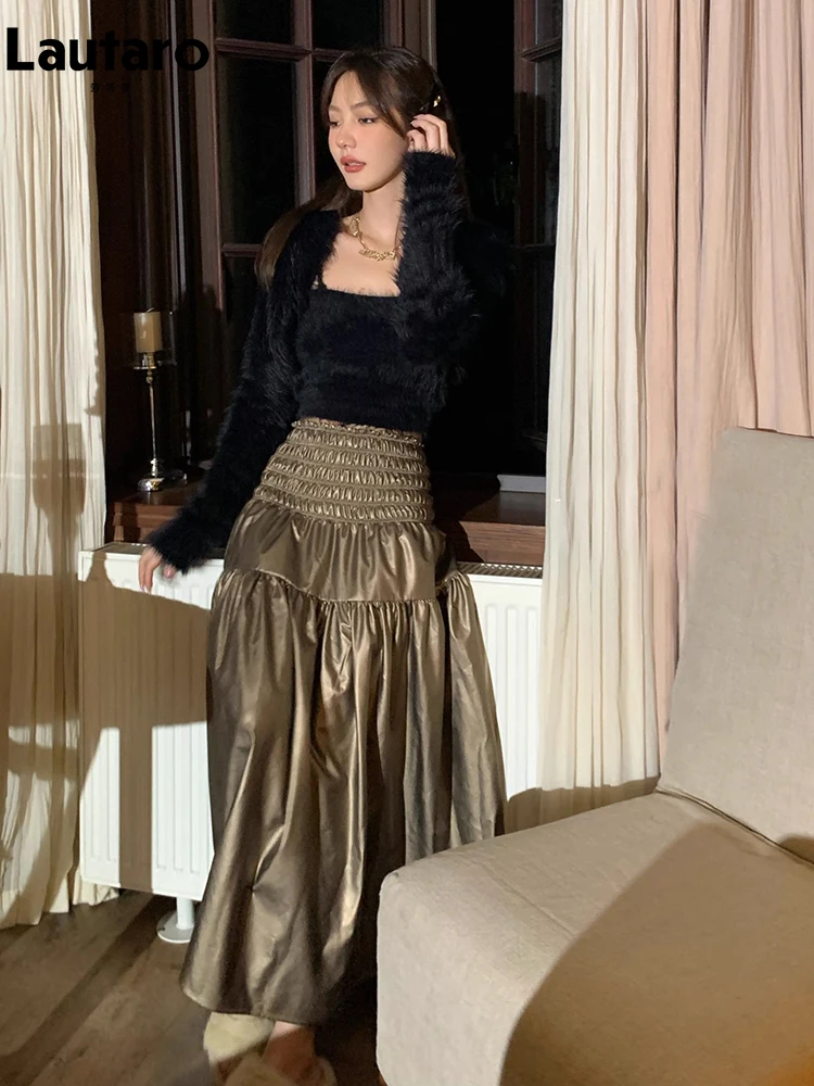 

Lautaro Autumn Midi Flowy Soft Dark Gold Pu Leather Skirt Women with Elastic High Waist Luxury Elegant Pleated A Line Clothes