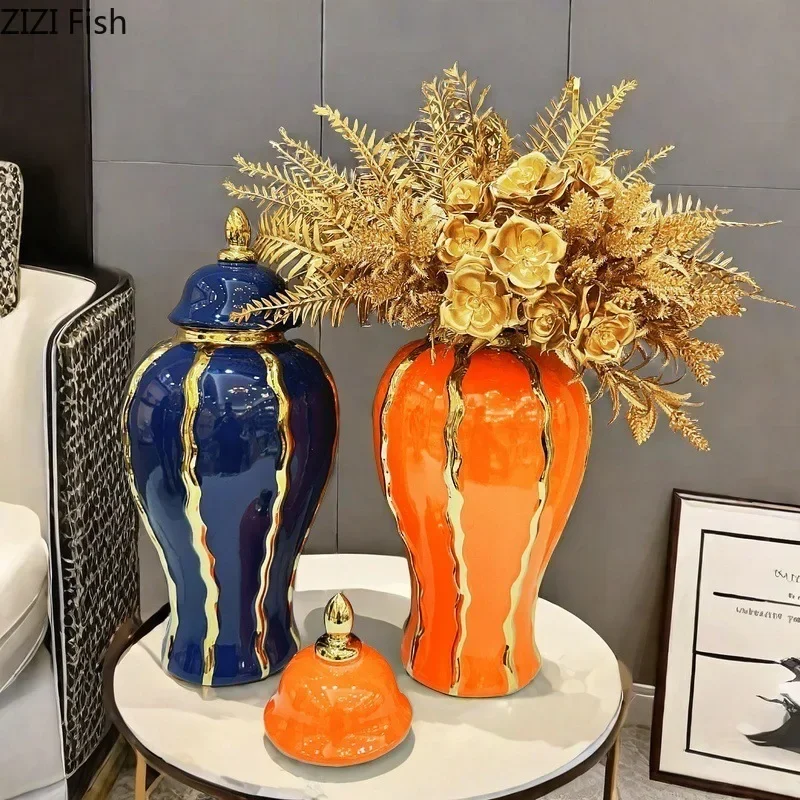 Gold-plated Stripes General Tank Porcelain Ginger Jar Creative Vase Flowers Arrangement Dresser Table Jewelry Cosmetic Container 2