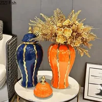 Gold-plated Stripes General Tank Porcelain Ginger Jar Creative Vase Flowers Arrangement Dresser Table Jewelry Cosmetic Container 2
