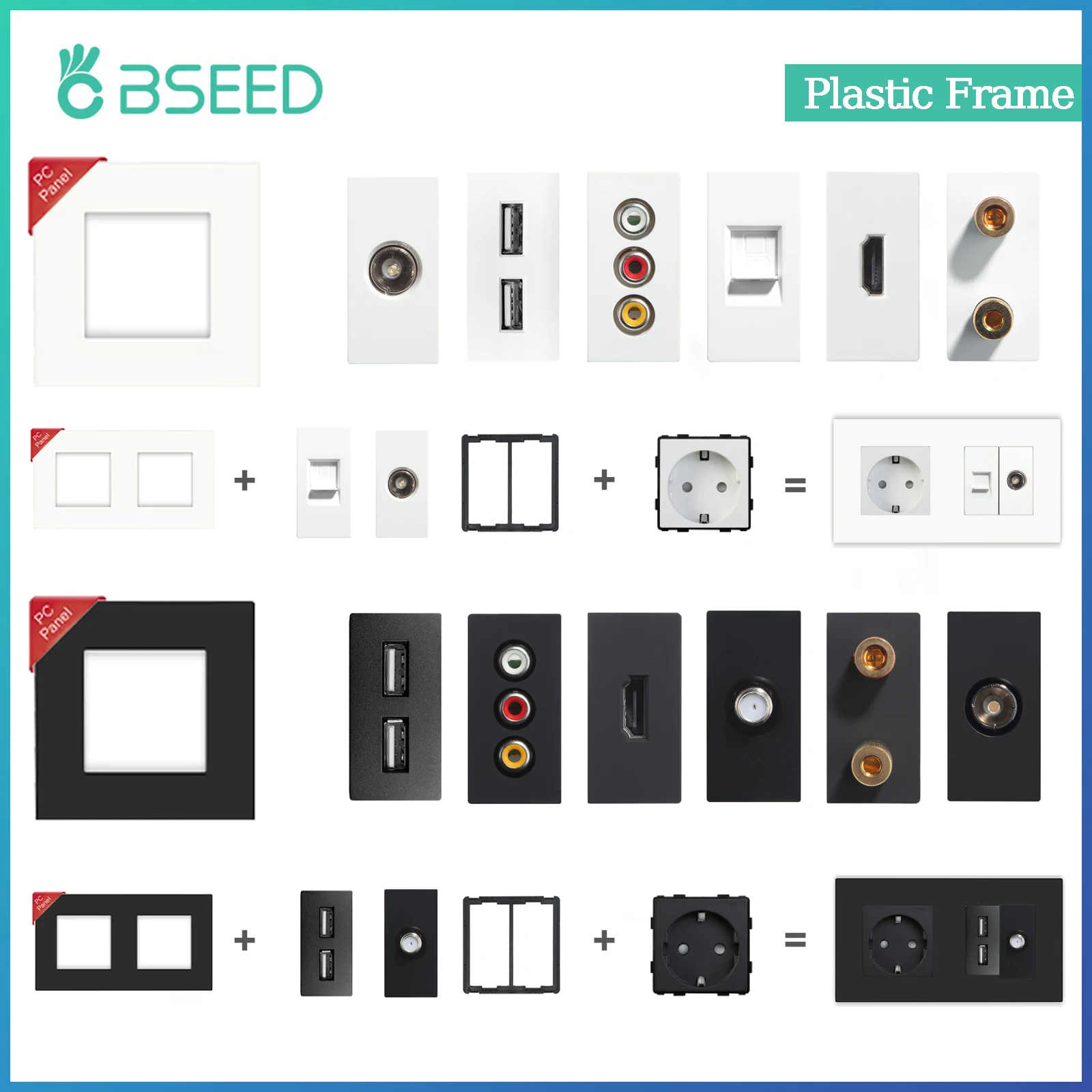 BSEED ผนังอินเทอร์เน็ต Cat5 ซ็อกเก็ตกรอบพลาสติกชิ้นส่วนพอร์ตชาร์จ USB ทีวีอินเทอร์เฟซดาวเทียมฟังก์ชั่น DIY ผสม 1