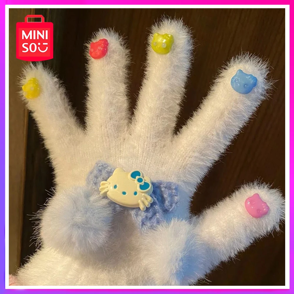 

Miniso Sanrio Hello Kitty Plush Glove Knitted Anime Winter Female Cute Kawaii Warm Anti Cold Five Fingers Birthday Surprise Gift