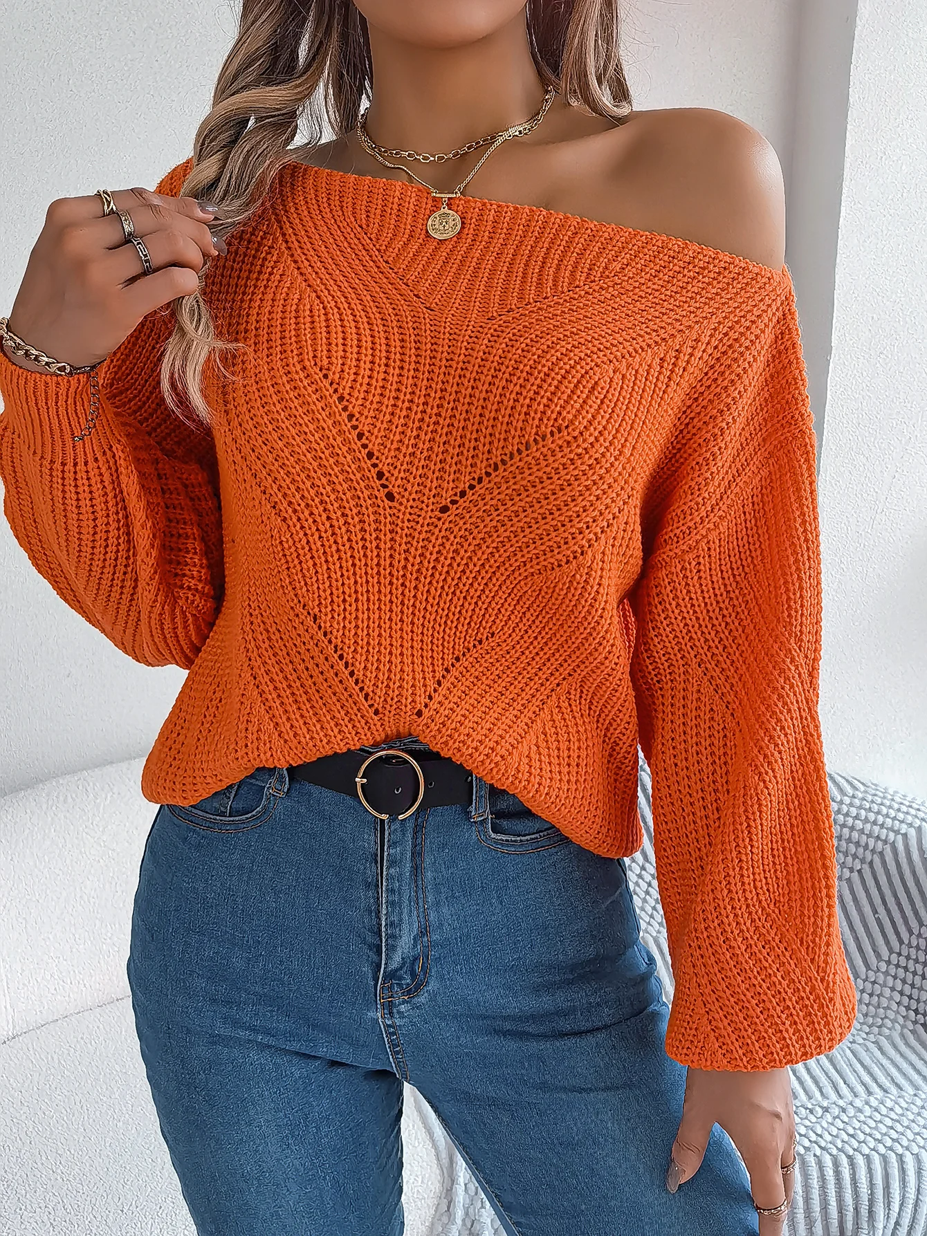 Women Pink Orange Knitted Sweater Off Shoulder Long Sleeve