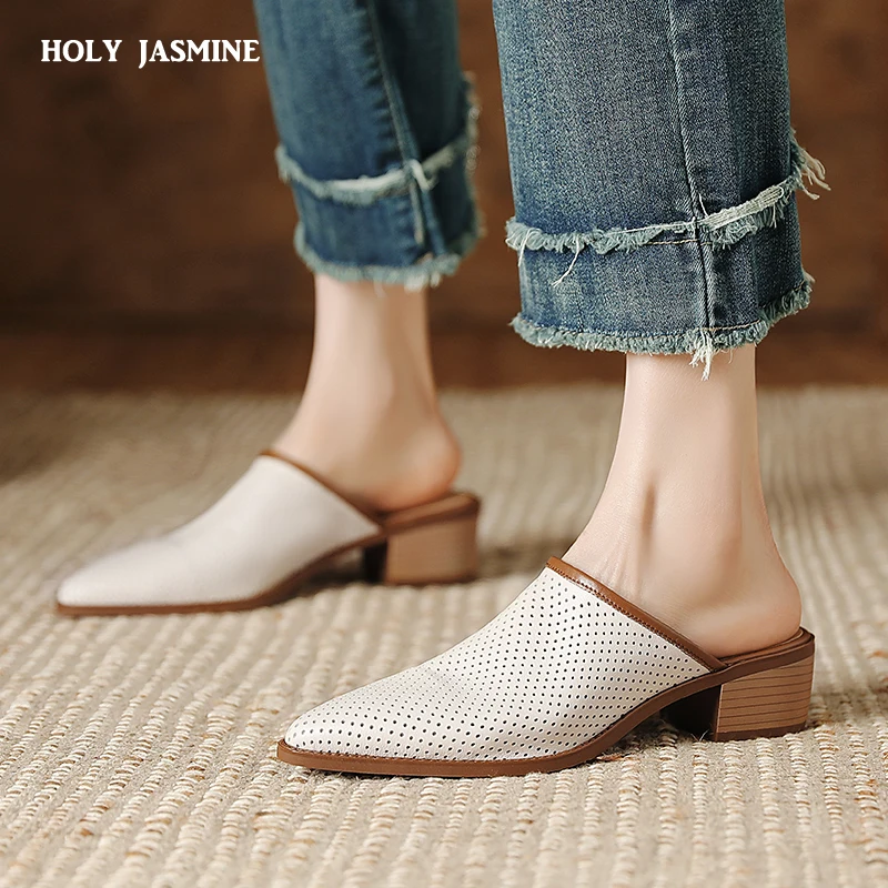 

New Retro Style Genuine Leather Women Pumps Muller Slippers Thick Heels Pointed Toe Spring Summer Casual Office Lady Shoes Woman