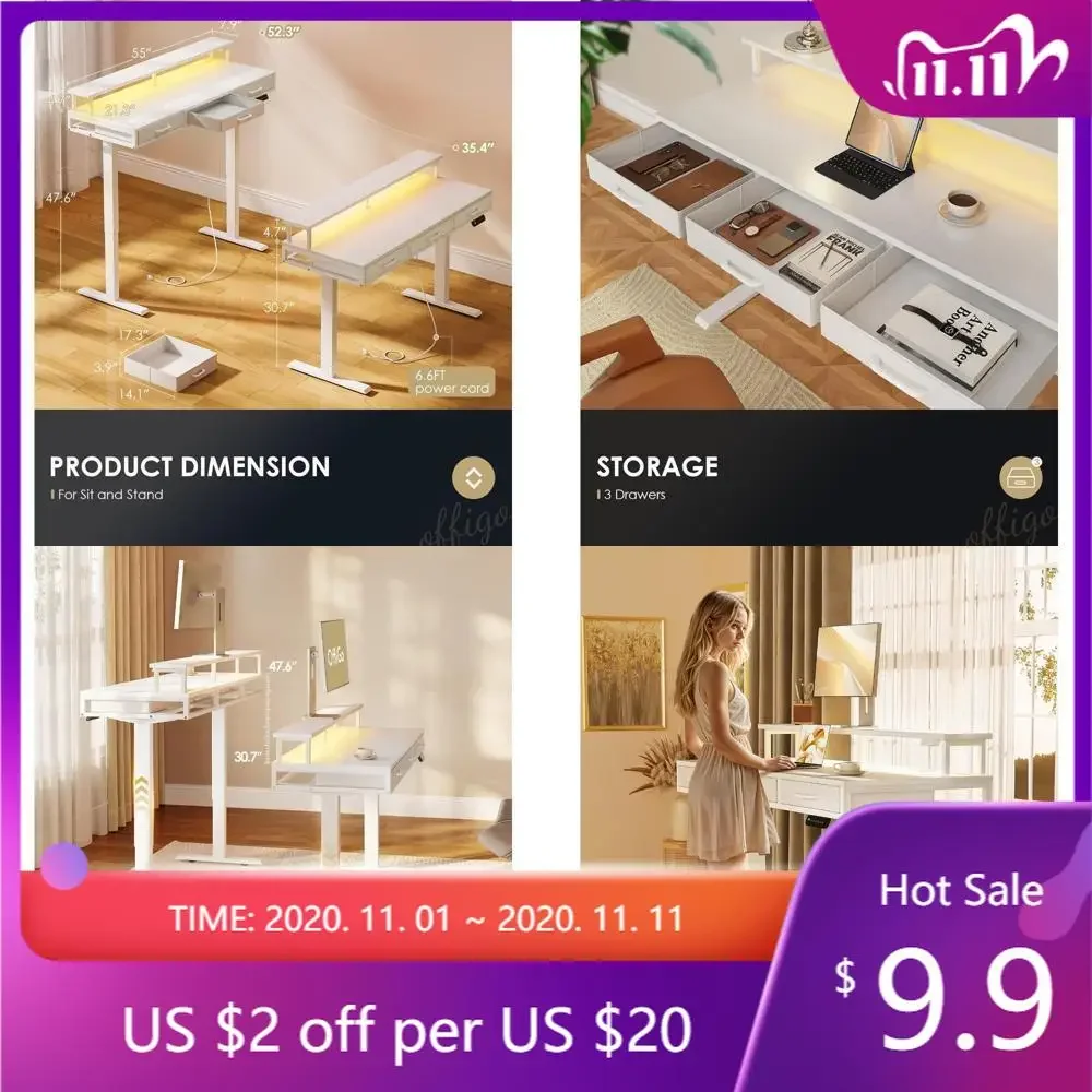 "height-adjustable desk with drawers, 55" standing desk with power outlets and led lighting, ergonomic sit-stand desk with monit